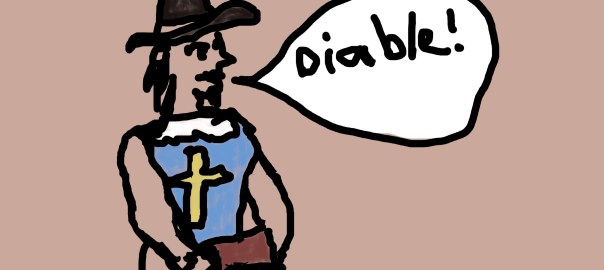 Book cover with musketeer holding a boot, saying "Diable !"